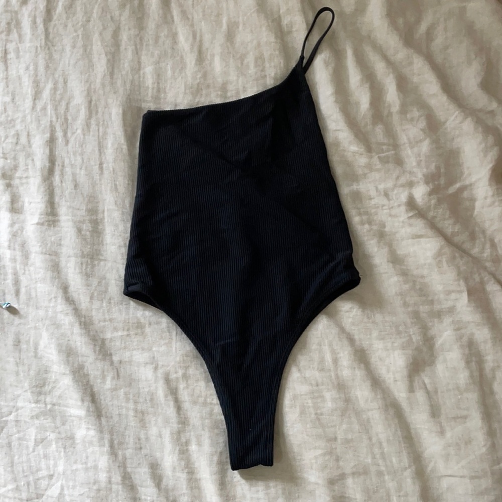 Frankie’s bikinis black asymmetrical one piece